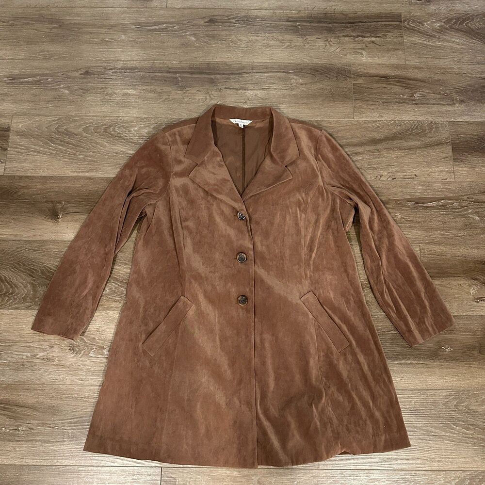 Brown Faux Suede Button Front Longline Trench Coat Jacket Women Size 2X